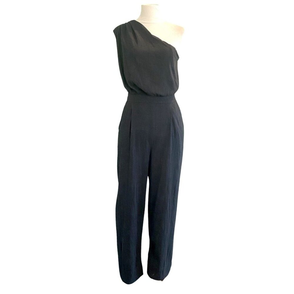 Free People One Shoulder Cropped Black Woven Cotton Blend Gauze Jumpsuit Size 8 - Picture 3 of 7